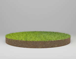Marble Podium and grass. Marble podium backdrop with grass field and sky background. White Showcase on Green Grass. Abstract shapes. Empty Space. Green grass field with podium. 3D Rendering