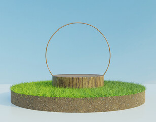 Marble Podium and grass. Marble podium backdrop with grass field and sky background. White Showcase on Green Grass. Abstract shapes. Empty Space. Green grass field with podium. 3D Rendering