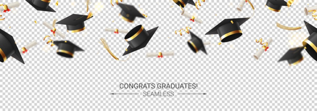 Decorative seamless banner for graduation. 3d falling graduation scrolls and caps, golden confetti and serpentine on checkered background. Vector illustration for decoration social media, posters.
