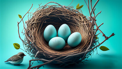 Naklejka na ściany i meble turquoise easter eggs in a nest