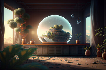 Futuristic office still life at a shipping company. AI generated illustration.