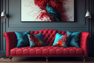 Cherry red colored sofa with cushions. Interior design illustration of a couch reated using generative AI tools.