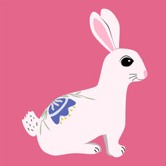 white rabbit in cartoon style with flowers 