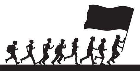 Kids running and waving blank flag vector silhouette.