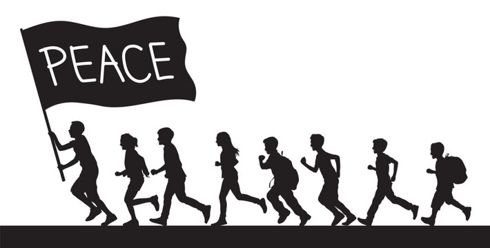 Group of kids running holding peace flag vector silhouette.