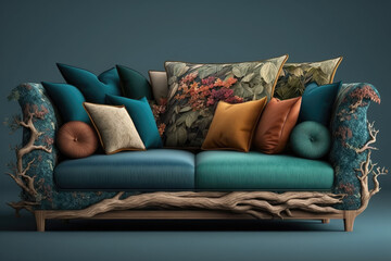 Chestnut colored sofa with cushions. Interior design illustration of a couch reated using generative AI tools.