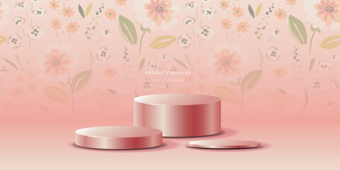 3D luxury flower background with realistic cylinder pedestal podium. rendering geometric forms. Mockup product display. Stand to show cosmetic products. Minimal wall scene. Stage showcase.