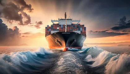 Foto op Plexiglas Container ship on ocean, Business logistic import - export transport front view in sunset, Generative ai © Onchira