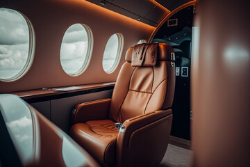 Fototapeta premium Interior of luxurious private jet with leather seats. Illustration AI Generative