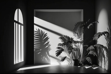 Empty room with shadows of window and flowers and palm. Illustration AI Generative