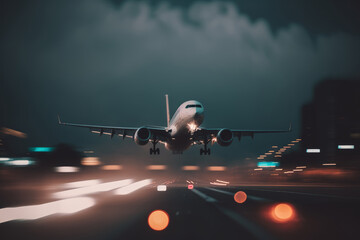 The plane takes off from the runway at the airport. Illustration AI Generative
