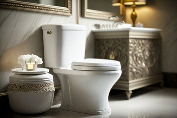 Fototapeta na wymiar Clean white toilet in luxury hotel bathroom, Generative AI