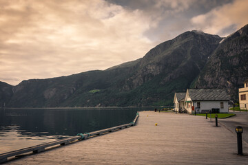 Wooden pier of Eidfjord,  town on the Sognefjord in Norway