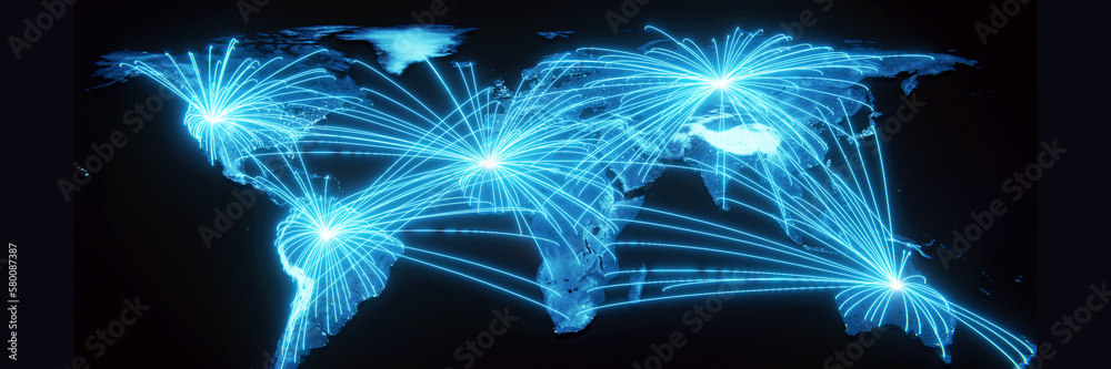 Wall mural globalization and communication concept. earth and luminous rays. 3d rendering