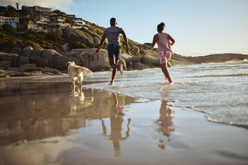 Running, fitness and dog with couple at beach and training for health, workout and exercise...