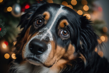 dog on the background of a Christmas tree with a garland. Christmas Eve. Generated by AI