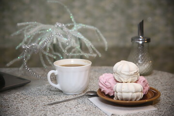 cup of tea and sweet marshmallow dessert sugar drinks