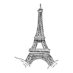 Fototapeta na wymiar Eiffel Tower in Paris. Drawing with black lines, marker, line art. Vector illustration