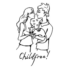 The guy and the girl are holding a cat in their arms. Childfree couple. Drawing with black lines, marker, line art. Vector illustration