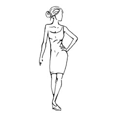 The figure of a girl in a short tight dress. Drawing with black lines, marker, line art. Vector illustration
