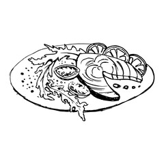 Grilled Fish Steak In A Dish With Tomatoes And Lettuce. Drawing with black lines, marker, line art. Vector illustration