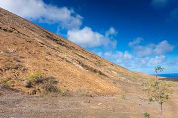 Dramatic landscape viewed from the top of Caldera Blanca volcano, Lanzarote, Canary Islands,  Spain