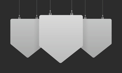 Empty clean set of 3 dangler mockup in geometric pentagon shape on transparent background for sale offer announcement, promotion. Realistic mock up dummy display template for presentation. Mock-up