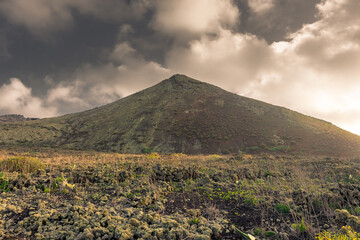 Beautiful sunset over the Monte Corona Volcano in Lanzarote,  Canary Islands, Spain