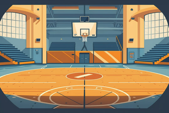 a basketball court with a goal in the middle of it, concept cartoon illustration 