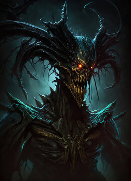 a close up of a demonic creature on a dark background, monster, horror art illustration 