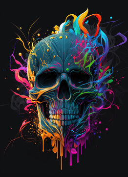 a colorful skull on a black background, fantasy abstract art illustration 