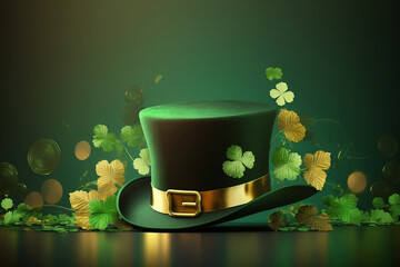 St. Patrick's Day Green Hat | Banner with Shiny green hat, gold coins and clover leaves. Ai
