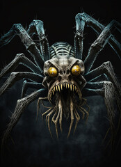 a creepy looking spider on a black background, monster, art illustration 