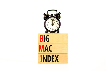 BMI big mac index symbol. Concept words BMI big mac index on wooden blocks on a beautiful white table white background. Black alarm clock. Business and BMI big mac index concept. Copy space.