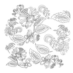 Traditional Ukrainian painting of Petrykivka. Black line elements of floral ornament on a white background. Decorative composition for coloring.