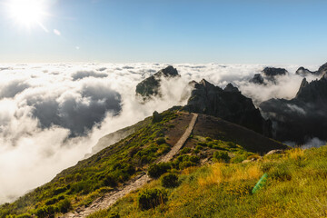 Hiking trail in mountains on Madeira island, Portugal.