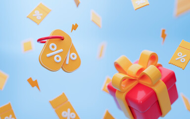 3d background from yellow coupons and red gift box with blur effect on light blue background. For promotion, marketing and advertising in social networks. 3d rendering.