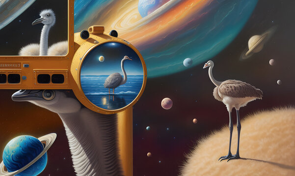 The bird is not an ordinary alien species created with the help of artificial intelligence, Technology of our future in outer space. Generative AI.