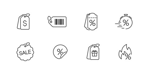 Sale tag, shopping price discount vector outline icon collection. Marketing coupon linear symbol set.