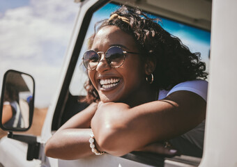 Fototapeta Black woman, happy road trip and car travel of a person sitting in a motor ready for a summer vacation. Transport traveling of a female from Jamaica with happiness and smile feeling fun in the sun obraz