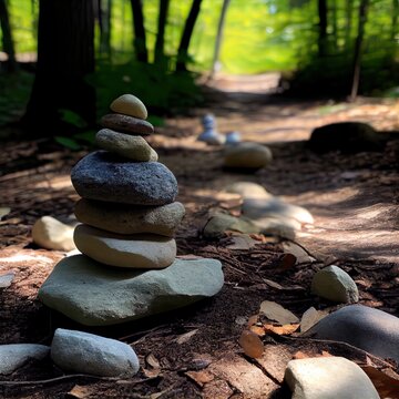 Stones stacked in the forest. stack of stones forming apachetas with forest in the background. space for text. Generative Ai.