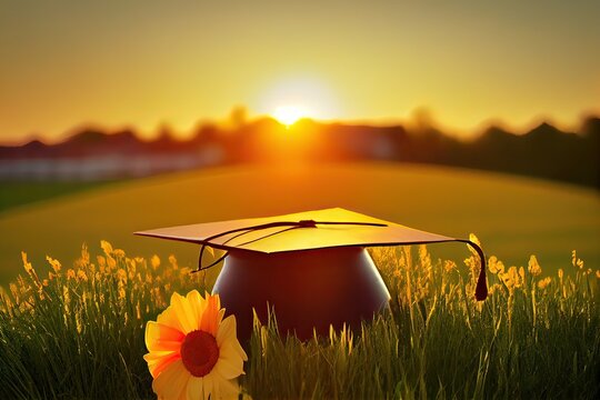 graduation cap, hat with a beautiful view. abstract landscape background Empty ready for your product display or montage. Generative Ai