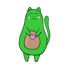 Cute avocado with kitty ears, paws, tail and face. Avocado cat with heart in paws. Children's print 