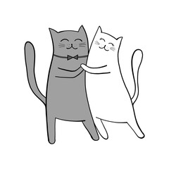 A couple of cats dancing the tango. A gray cat and a white cat dancing in love. Romantic doodle illustration as a poster design