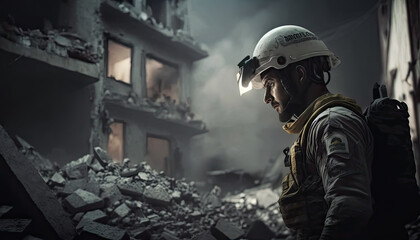 Brave Rescuer Tackles Rubble of Collapsed Home After Earthquake Created Using Generative Ai