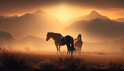 Fototapeta na wymiar Majestic Wild Horses Galloping in a Misty Sunrise Landscape Created Using Generative Ai