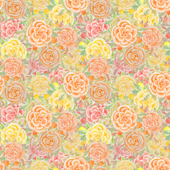 Fototapeta premium Delicate seamless pattern with yellow and pink roses painted in watercolor.