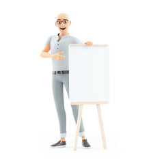 3d senior man pointing to wooden easel with blank canvas