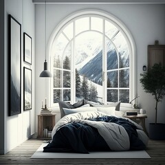 Modern bedroom with big french windows near the mountain. Generative AI