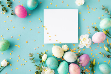 Easter holiday composition. Top view photo of colorful easter eggs, white paper card and spring flowers on pastel background.